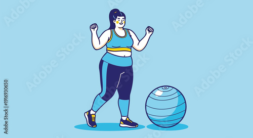 Cheerful plus size woman exercising with fitness ball vector illustration