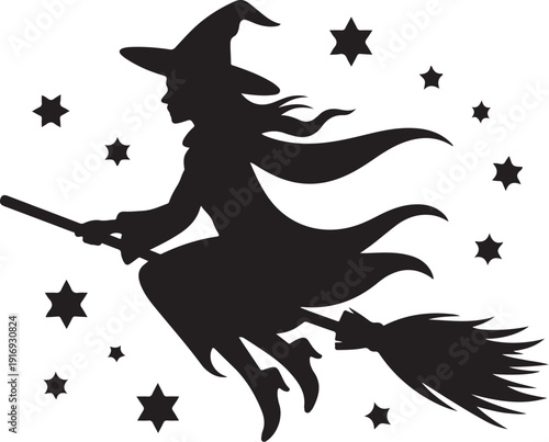 Silhouette of a witch flying on a broomstick with stars 3