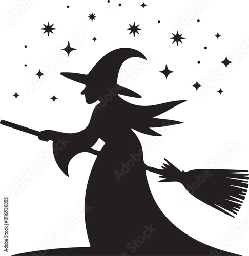 Silhouette of a witch flying on a broomstick with stars 4