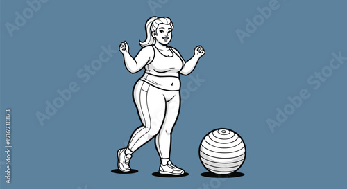 Confident plus size woman training with exercise ball vector drawing