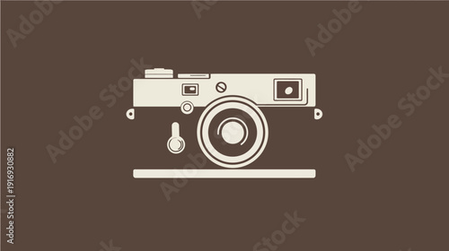 Simplified illustration of a camera with a retro aesthetic against a solid brown background