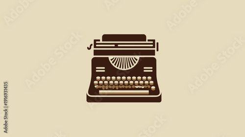Illustration of a vintage writing machine, brown on cream. Simple design evokes classic writing