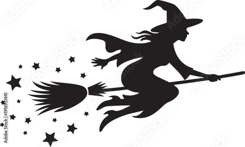 Silhouette of a witch flying on a broomstick with stars 13