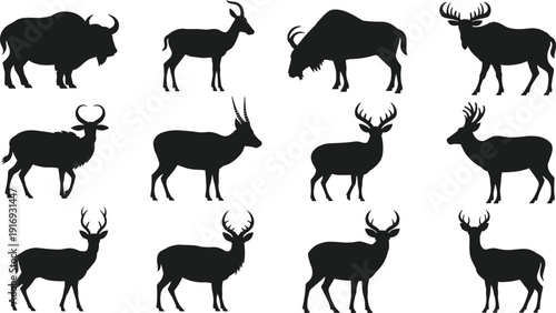 Black vector silhouette set of diverse wild game animals featuring deer elk moose and mountain goats for hunting outdoors nature wildlife and forest branding