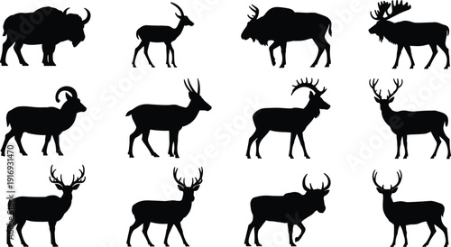 Black vector silhouette set of diverse wild game animals featuring deer elk moose and mountain goats for hunting outdoors nature wildlife and forest branding