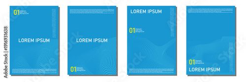 Set of four abstract minimalist poster designs featuring white halftone dot waves and flowing mesh patterns on a vibrant blue background for modern creative branding and digital layouts.