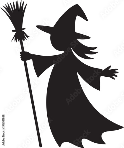 Silhouette of a witch holding a broomstick black white