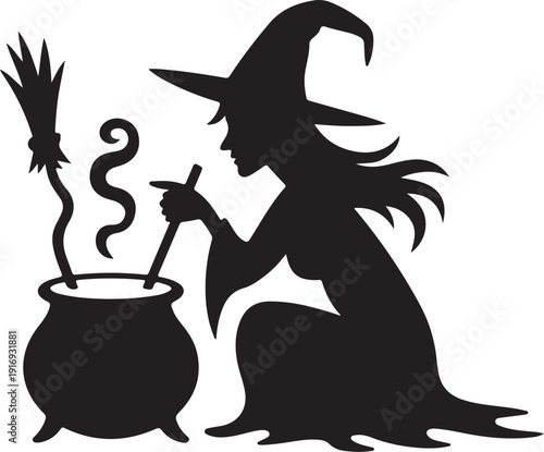 Silhouette of a witch stirring a cauldron with smoke rising