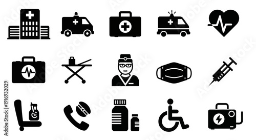 Hospital and Emergency Silhouette Icons Set – Solid Black Medical Vector Collection