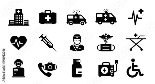 Hospital and Emergency Silhouette Icons Set – Solid Black Medical Vector Collection