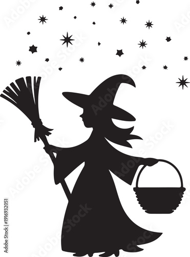 Silhouette of a Witch with a Broom and Basket stars