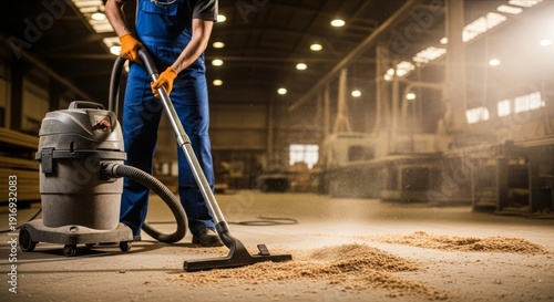 Professional Worker Using Vacuum Cleaner in Industrial Workspace