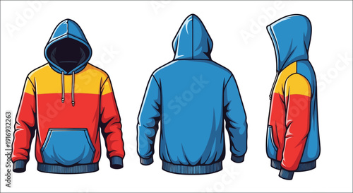 Colorful hoodie design shown from front side and back views