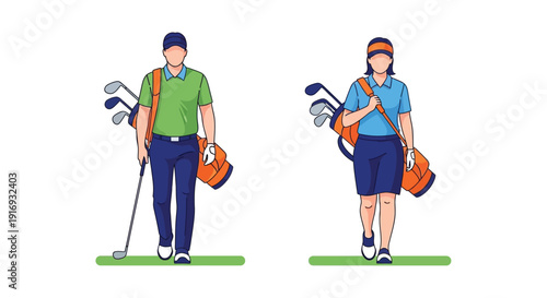 Two golfers a man and a woman carrying golf clubs and bags