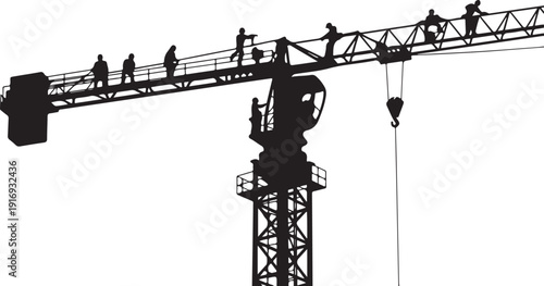 Silhouette of construction crane with workers on beam