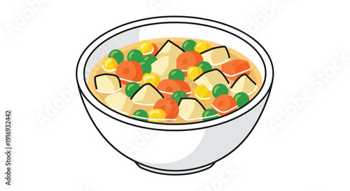 Colorful vegetable soup in a white bowl simple cartoon illustration