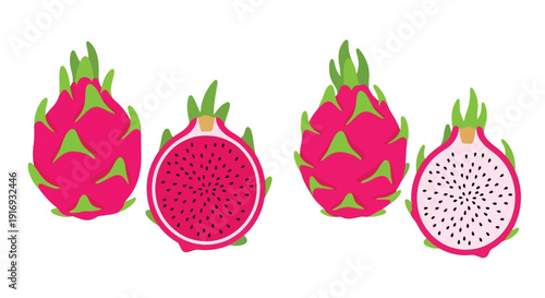 Illustrations of dragon fruit in various stages of being sliced open