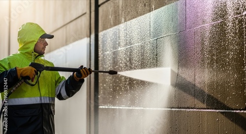 Worker Cleaning Wall with Pressure Washer Under Bright Sunlight