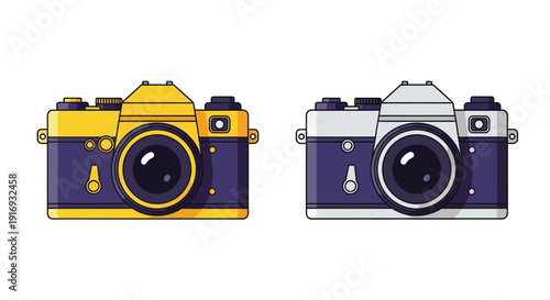 Two vintage cameras one yellow and one silver are displayed side by side