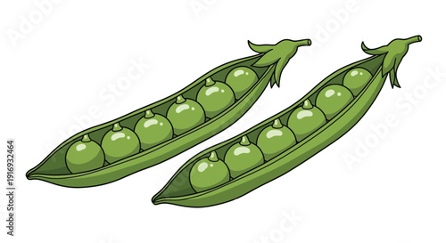 Illustration of two green pea pods filled with round green peas