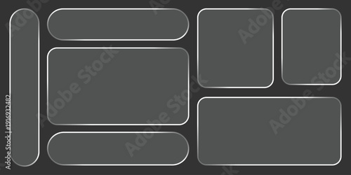 Trend liquid glass frames and buttons set transparent background. Vector of realistic illustration of glass morphism text boxes. Modern liquid glass.