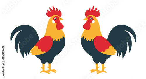 Two brightly colored roosters facing forward in a cartoon style