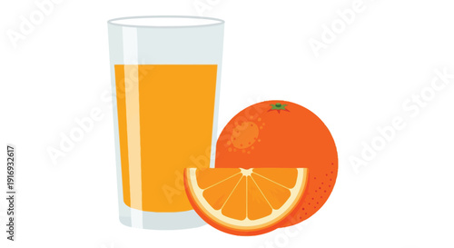A glass of orange juice accompanied by a halved and sliced orange