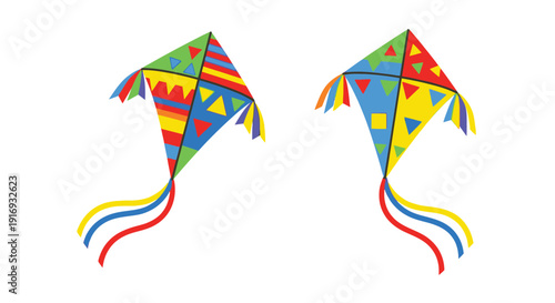 Two colorful diamond kites with patterned sails against a white background