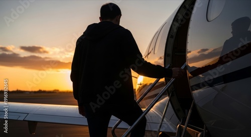 Man Boarding Private Jet at Sunset with Vivid Sky Colors