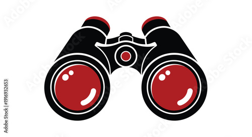 A graphic illustration of a pair of black binoculars with red accents