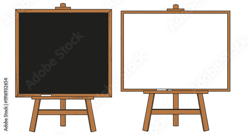 Two easels displaying a black chalkboard and a white whiteboard