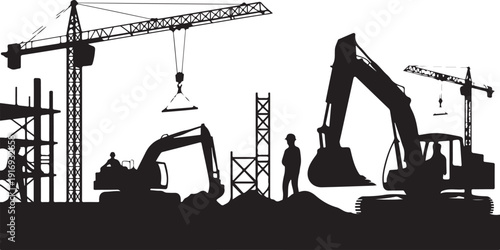 Silhouette of construction site with cranes and excavators
