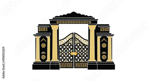Ornate golden and black gates with a decorative architectural frame