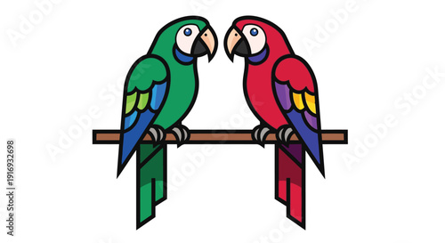 Two vibrant parrots perch closely together on a simple wooden branch