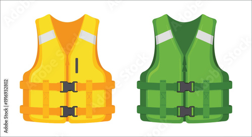 Two life vests one yellow and one green are prominently displayed