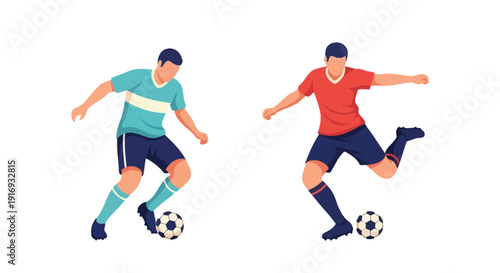 Two soccer players in action dribbling and running with the ball