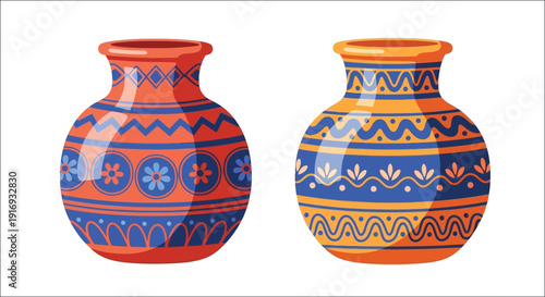 Two decorative pottery vases with colorful geometric patterns are displayed