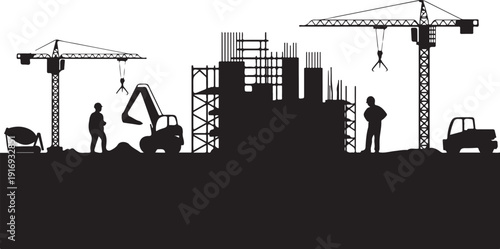 Silhouette of construction site with cranes and workers