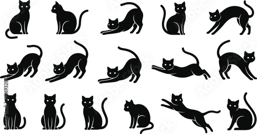 Black vector silhouette set of domestic cats in various poses including sitting stretching jumping and walking for pet shop animal welfare and feline branding