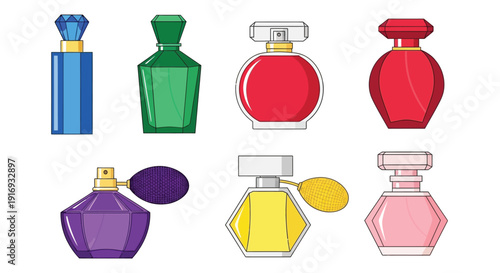 Colorful collection of perfume bottles in a cartoon illustration style