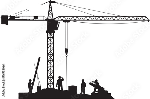 Silhouette of construction workers and crane at building site