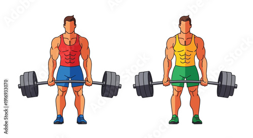 Two muscular men demonstrating a barbell deadlift exercise technique