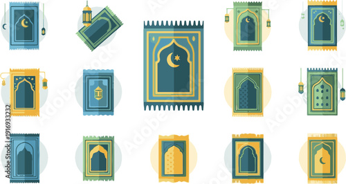 Elegant collection of diverse Islamic prayer mats and rugs, featuring traditional patterns and symbols, perfect for devotion during Ramadhan Kareem