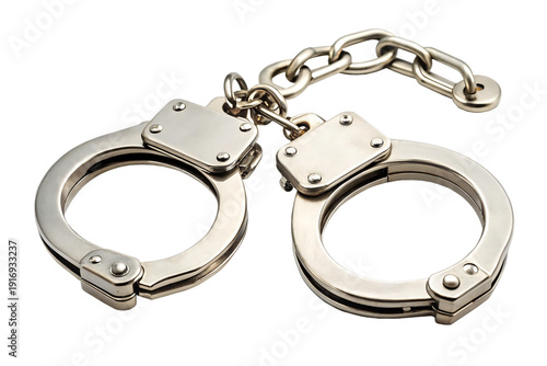 Shiny metal handcuffs connected by a short chain, showcasing a secure locking mechanism, Isolated On White Background.png