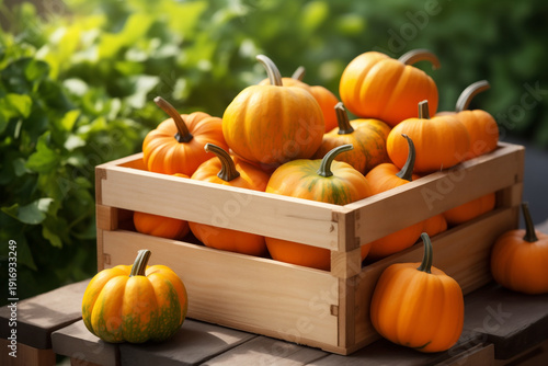 small pumpkins fresh in wooden crate on blurred plantation background