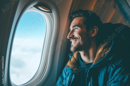 passenger smile man with blue jacket in aircraft