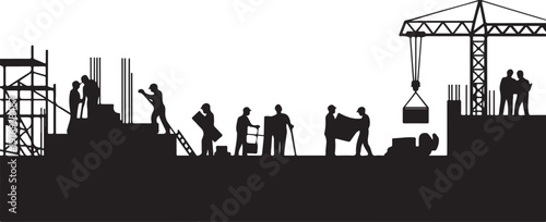 Silhouette of construction workers building a structure with cranes