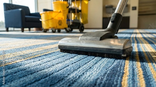 Close-up of Vacuum Cleaner Head on Striped Blue and Yellow Carpet with Cleaning Cart in Background