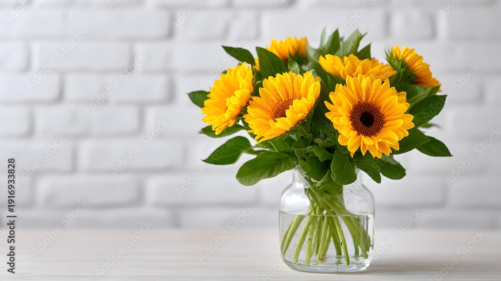 Fototapeta premium Sunflowers in a jar stand against a light brick wall for Womens Day