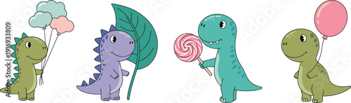 Set of cute cartoon dinosaurs including Tyrannosaurus Rex and Triceratops holding colorful balloons, sweet lollipops, and large tropical leaves for children party nursery decor